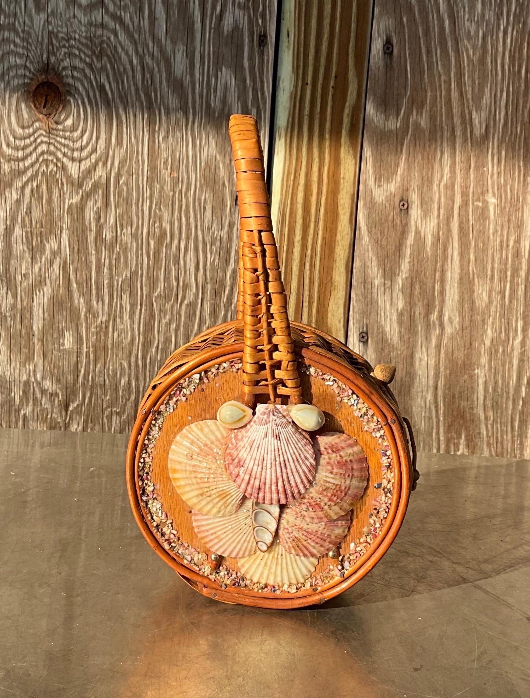 Orange Vintage Nantucket Rattan Basket Bag with Seashells For Sale