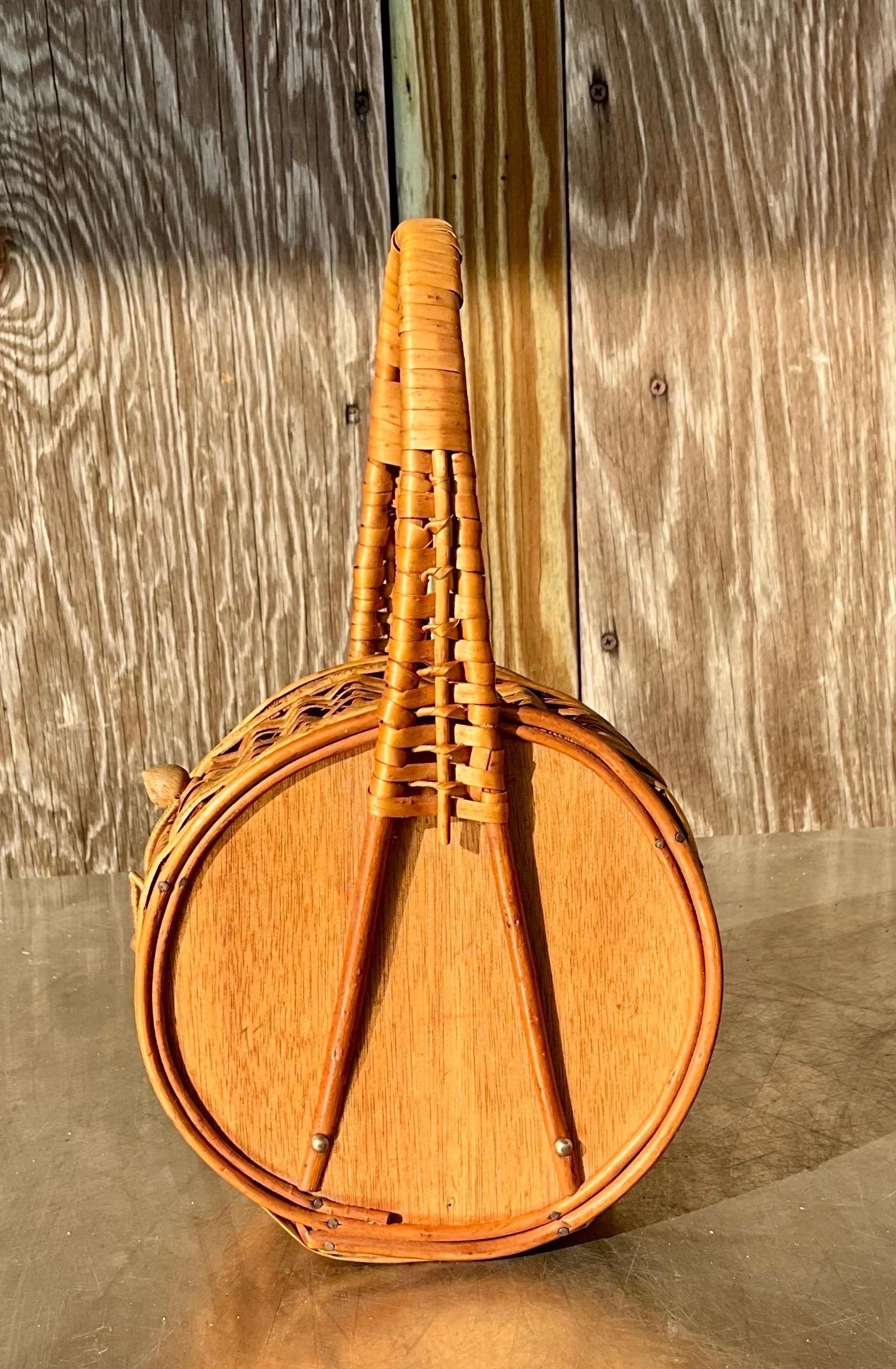 Women's or Men's Vintage Nantucket Rattan Basket Bag with Seashells For Sale