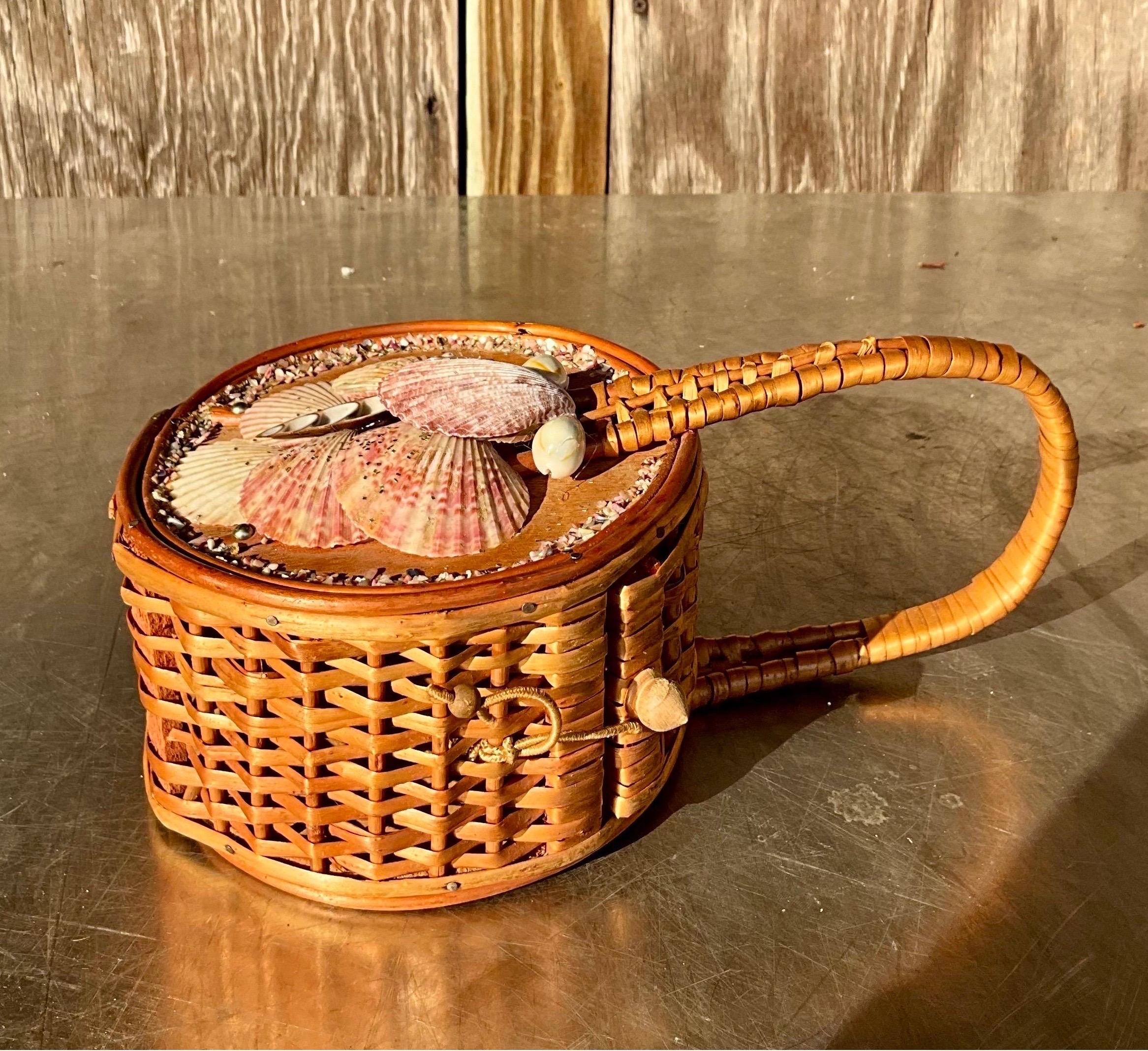 Vintage Nantucket Rattan Basket Bag with Seashells For Sale 1
