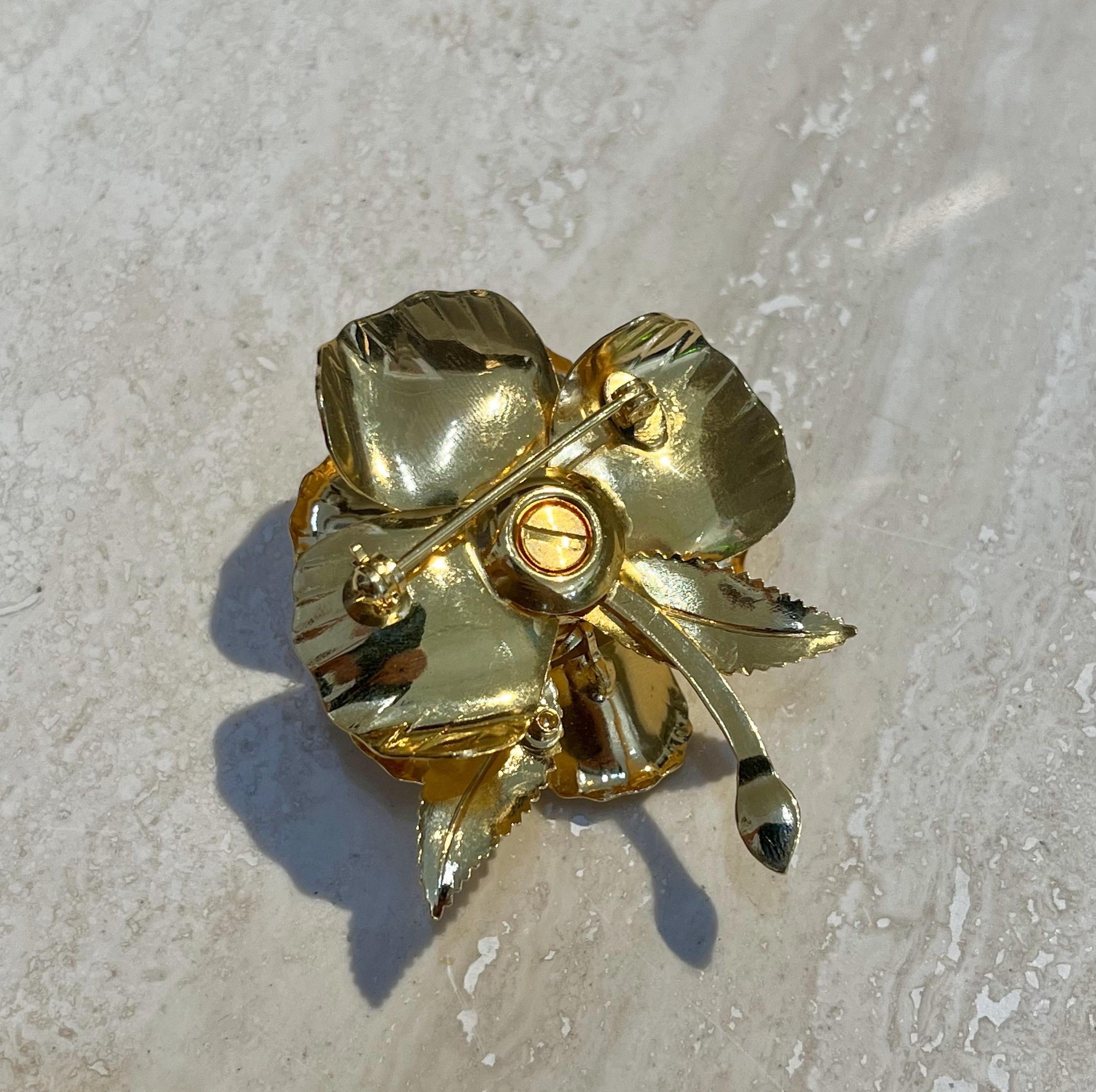 Women's or Men's Vintage Warner Day & Night Gold Plated Floral Brooch For Sale