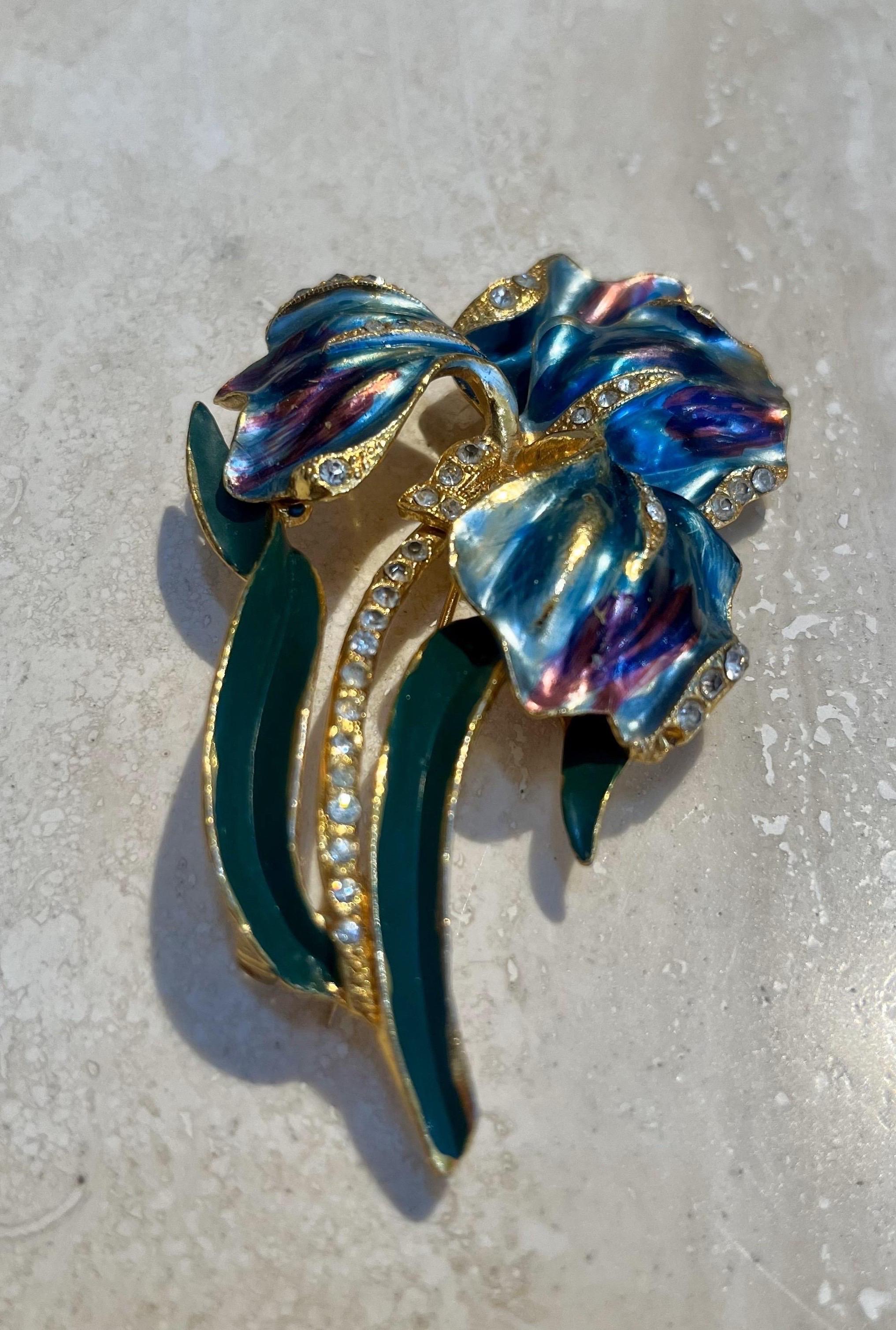 Art Deco Vintage Coro Enamel Iris Brooch For Sale