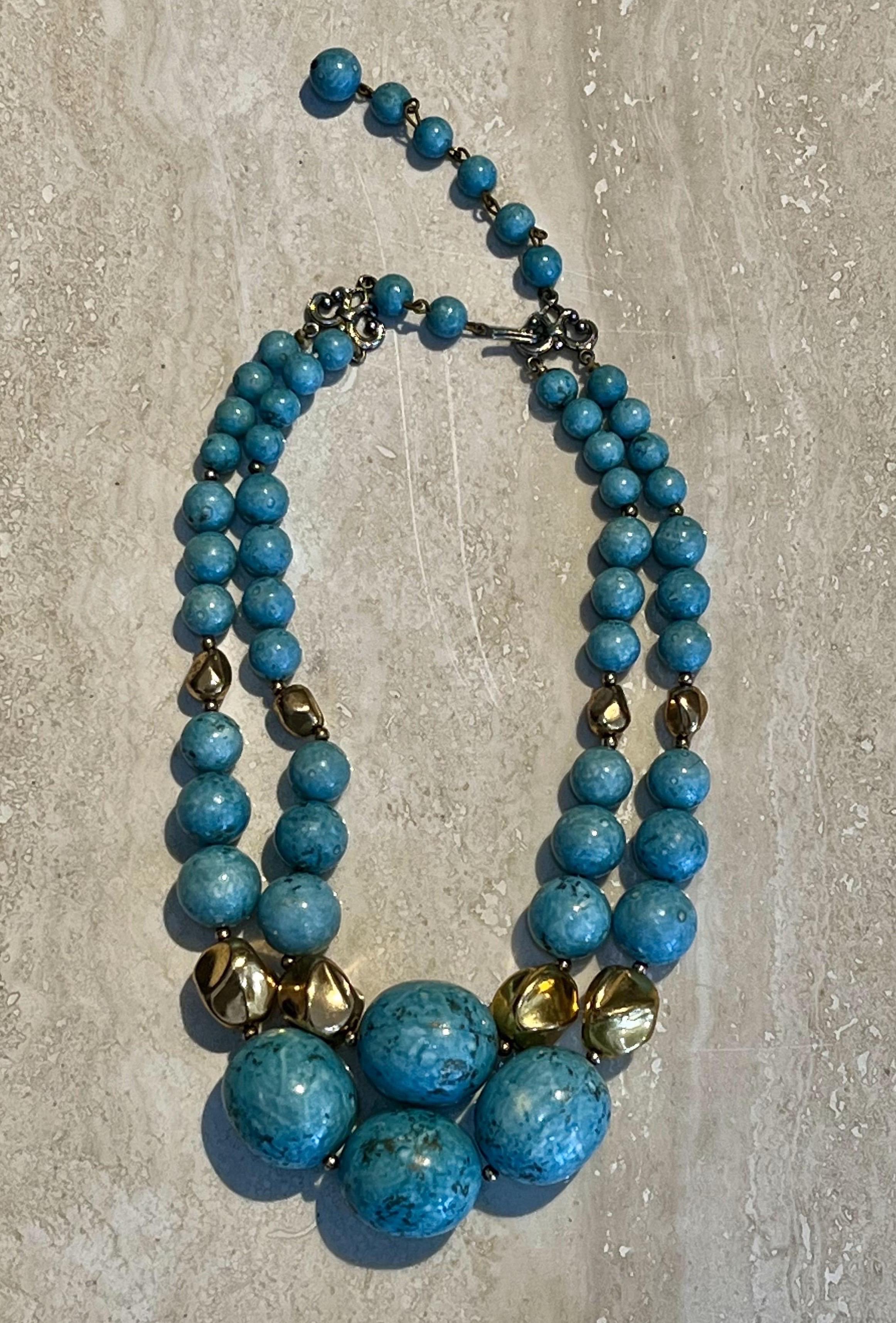 Vintage Beaded Turquoise Multi Strand Necklace with Gold Accents For Sale 2
