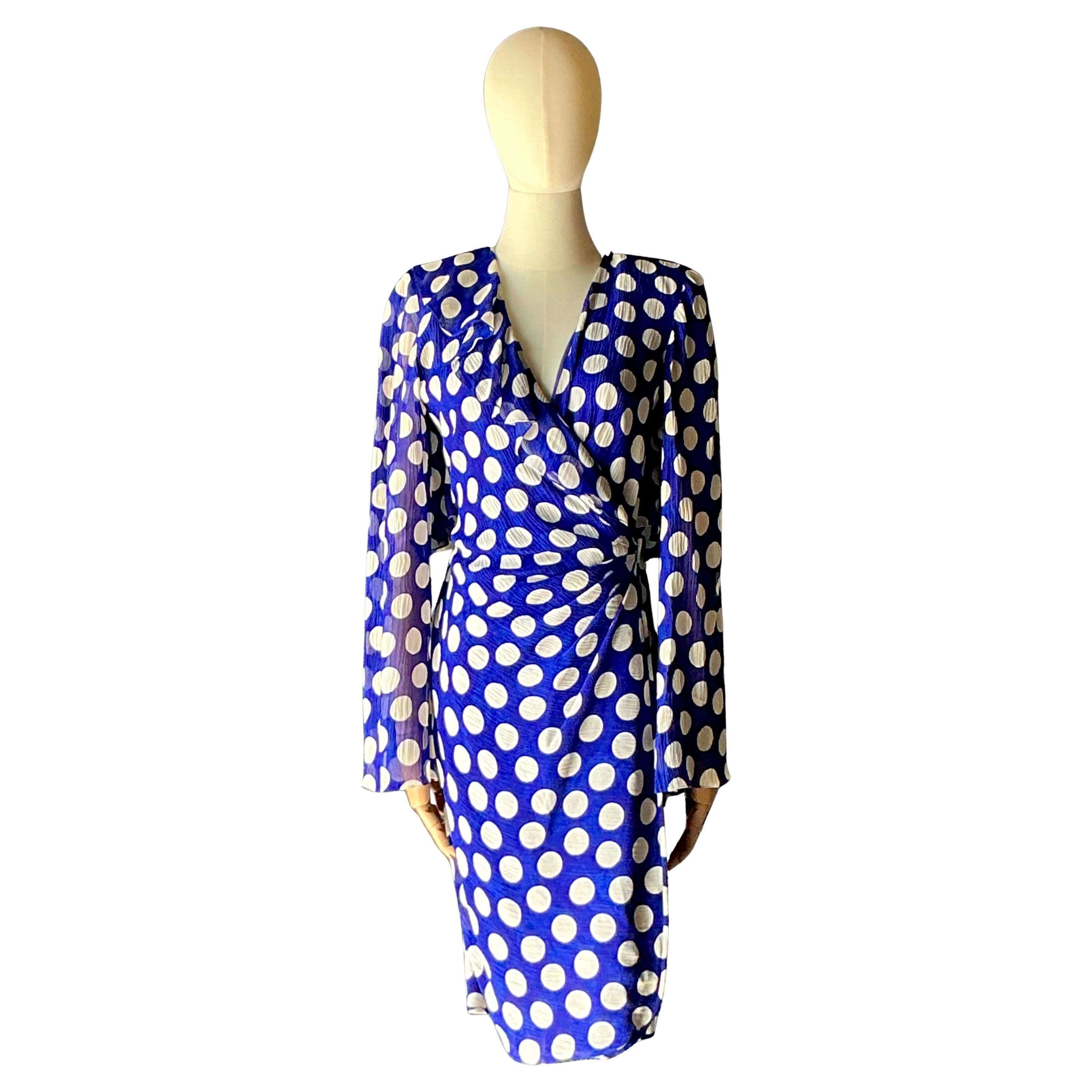 Vintage Emanuel Ungaro Blue 
White Polka Dot Dress (Robe à pois)