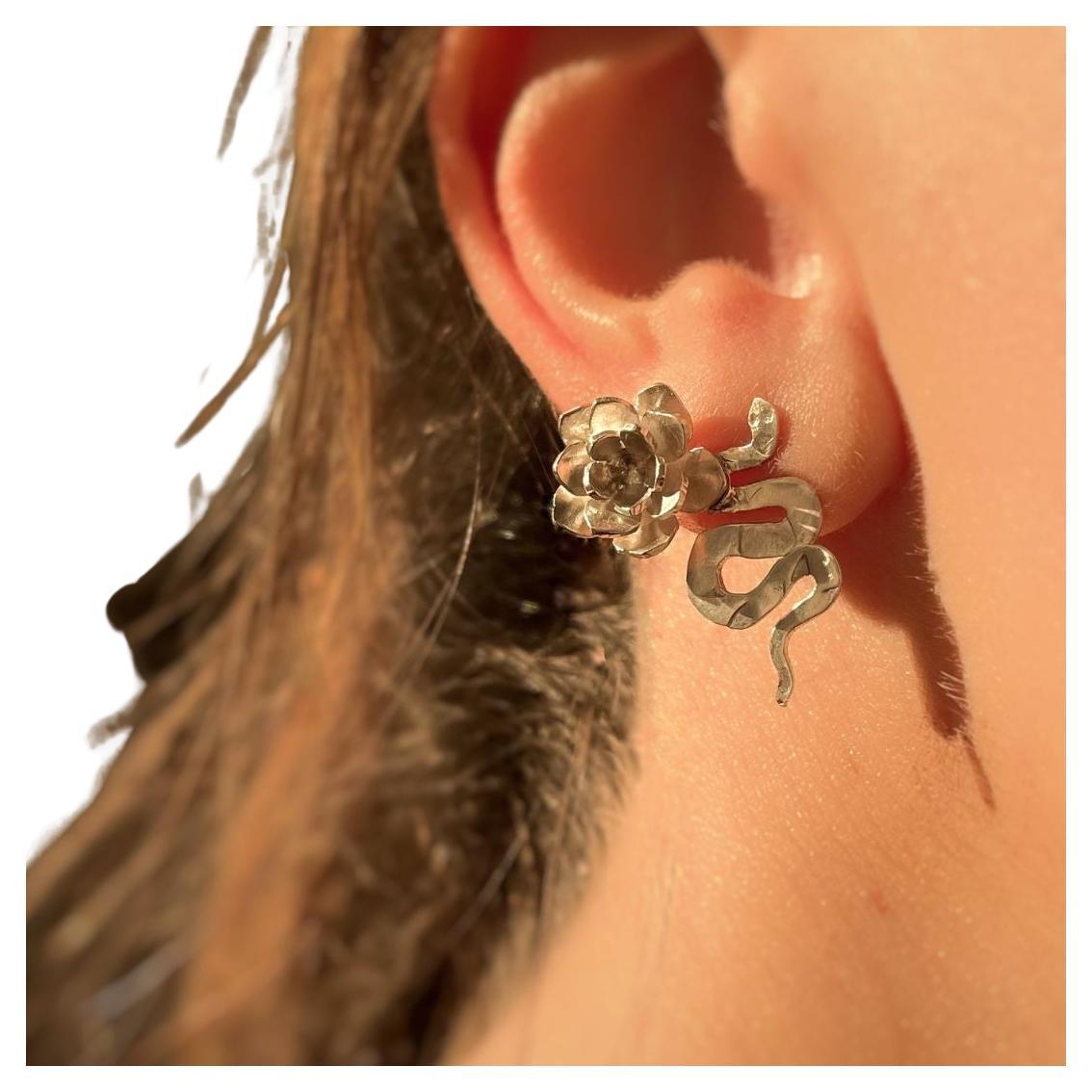 Dolores Ortega Snake and Flower Earrings Handcrafted in Sterling Silver