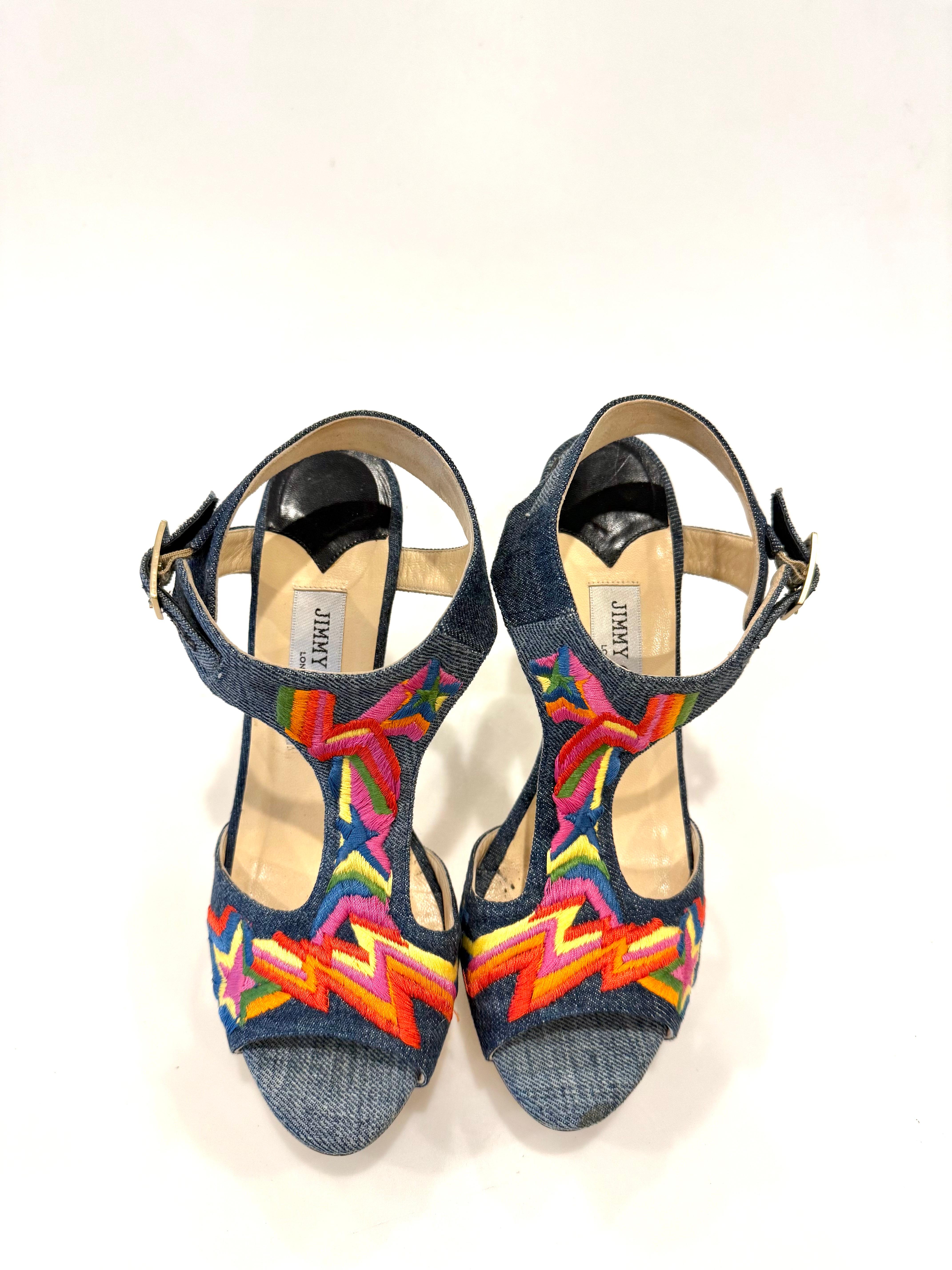 Jimmy Choo - Mules con zeppa in denim ricamato  Taglia 39 in vendita 2
