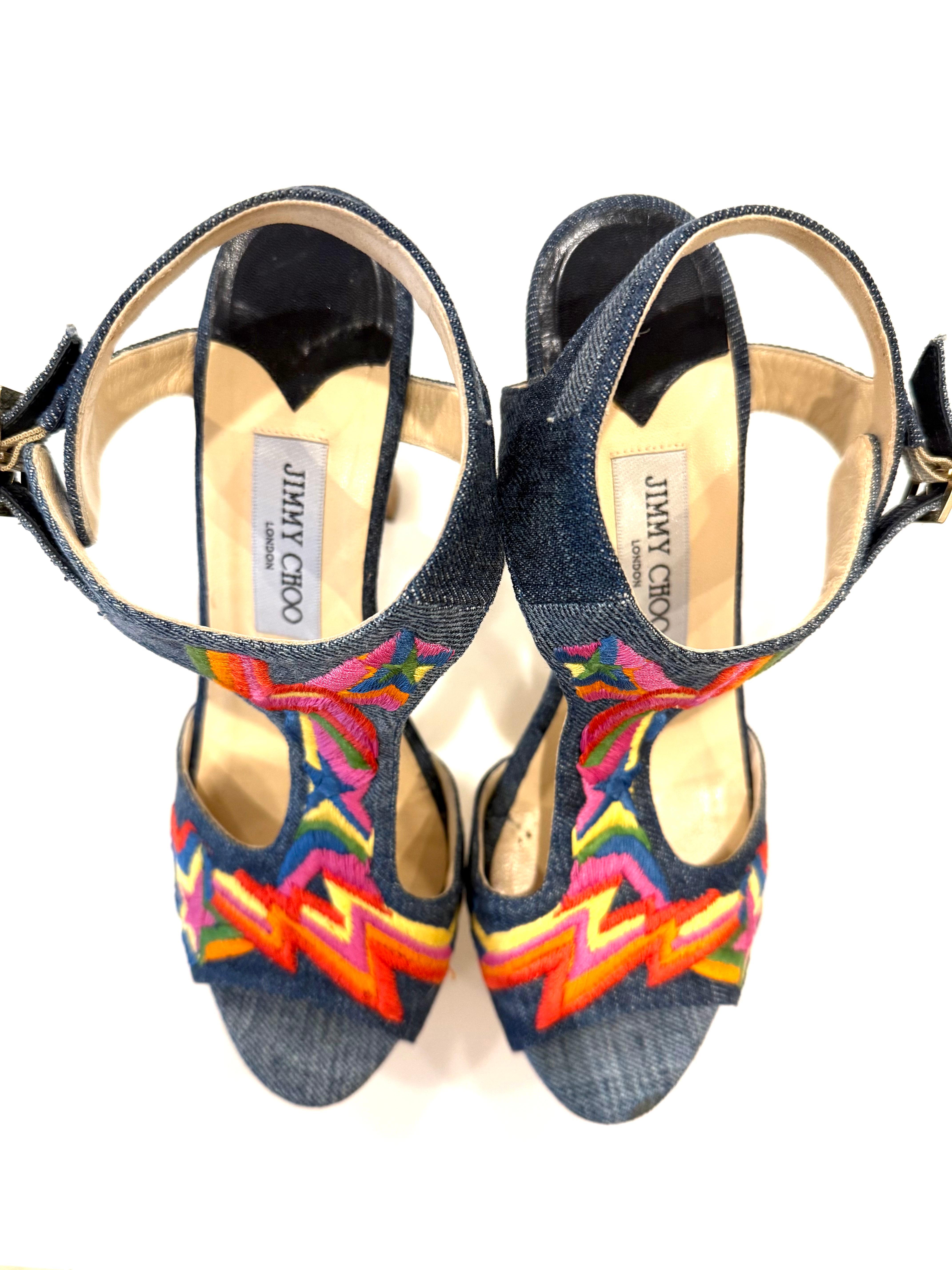 Nero Jimmy Choo - Mules con zeppa in denim ricamato  Taglia 39 in vendita