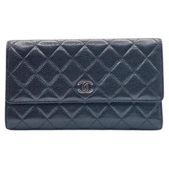 Chanel Timeless Classic Long Flap Trifold Wallet Black Caviar Leather Silver CC