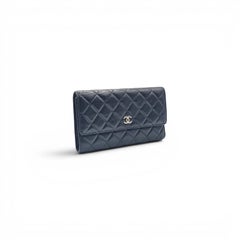 Chanel Timeless Classic Long Flap Trifold Wallet Black Caviar Leather Silver CC