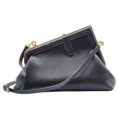 Fendi First Clutch Shoulder Bag Black Nappa Leather Gold Tone Frame - Preowned