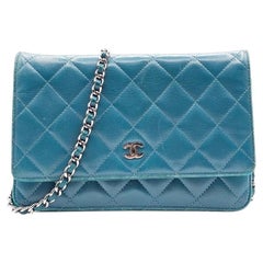 Chanel Wallet on Chain WOC Classic Quilted Lambskin Leather Turquoise Blue