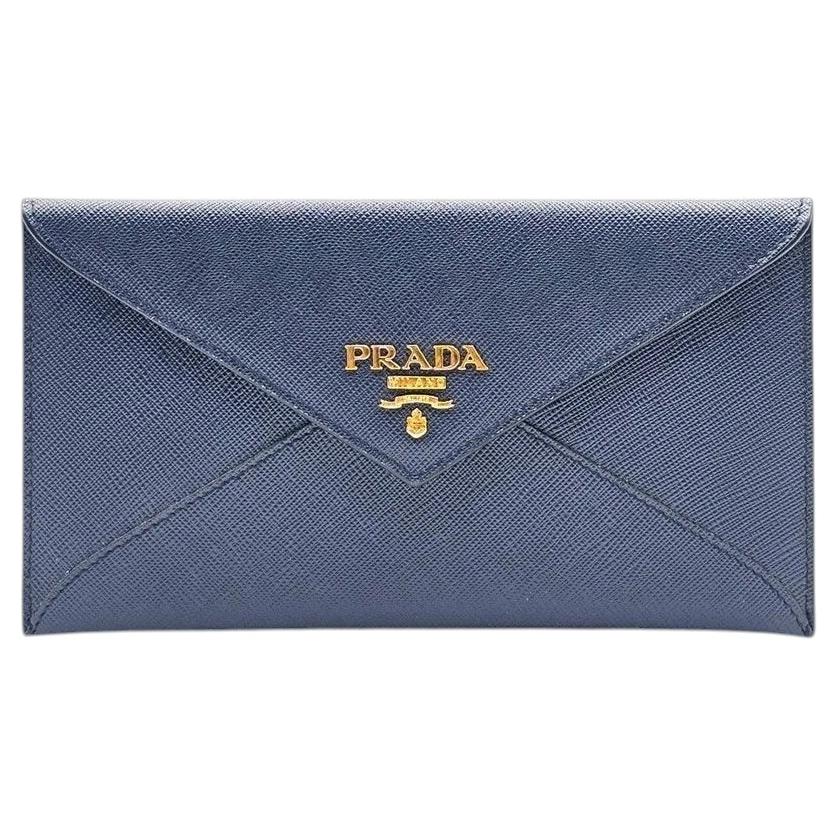 Pre-owned Prada Saffiano Wallet Envelope Blue With Gold Hardware - New