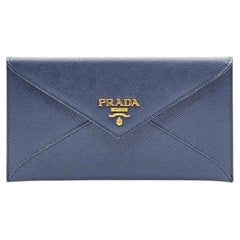 Prada Saffiano Wallet Envelope Blue with Gold Hardware - New