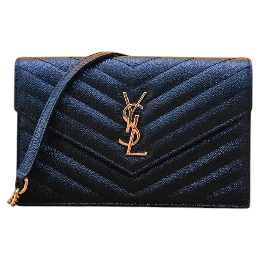 Saint Laurent Cassandre Envelope Chain Wallet Black Grain De Poudre Leather GHW For Sale