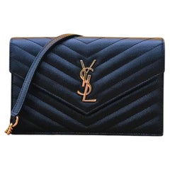 Saint Laurent Cassandre Envelope Chain Wallet Black Grain De Poudre Leather GHW