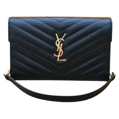 Saint Laurent Cassandre Envelope Chain Wallet Black Grain De Poudre Leather GHW