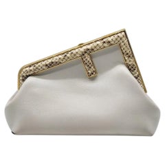 ​Fendi First Small White Leather Clutch Bag with Python Trim Gold Hardware
