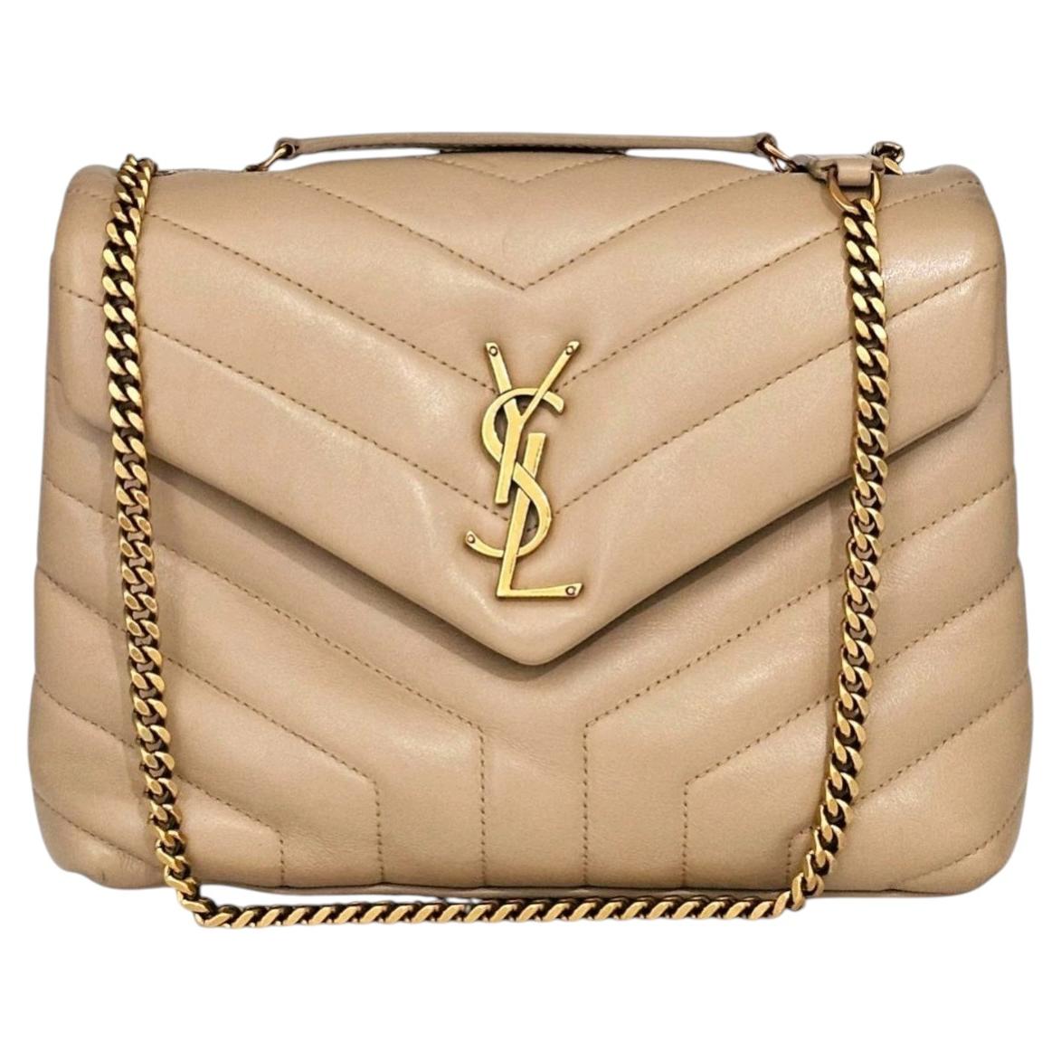 Saint Laurent YSL Loulou Medium Shoulder Bag Leather Chain Bag Beige - Preowned