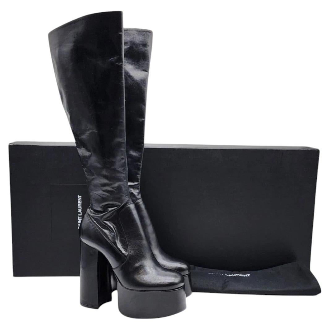 Pre-owned Saint Laurent Paris Knee High Platform Boots Black Leather Eu 37 Us 7 - Nwb
