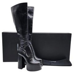 Saint Laurent Paris Knee High Platform Boots Black Leather EU 37 US 7 - NWB