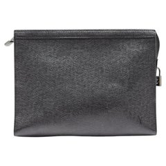 Louis Vuitton Pochette Voyage Pouch MM Clutch Taiga Leather Black - Preowned