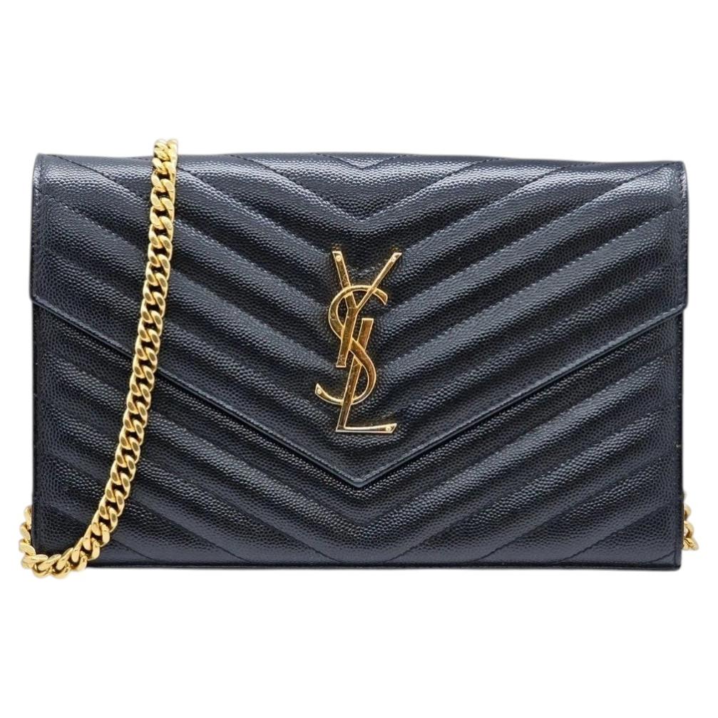 Pre-owned Saint Laurent Monogram Grain De Poudre Leather Wallet On Chain Woc Bag Black Ghw