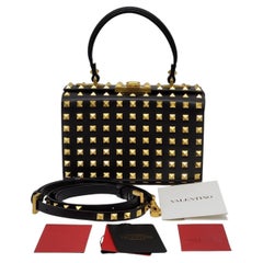 Valentino Garavani Studded Alcove Box Leather Shoulder Bag Black - New