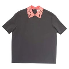 Valentino Spa Leather Trim Collar Short Sleeve Top Shirt Black Small - NWT