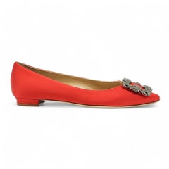 Manolo Blahnik Hangisiflat Jewel Buckle Flats Pumps Red EU 35 US 5 - NWOB