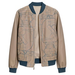 Hermès Échec au Roi Reversible Leather Bomber Jacket Beige Blue NWOT