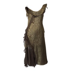 Vintage CHRISTIAN DIOR Gold Metallic Silk Brocade Ruffle Cocktail Dress