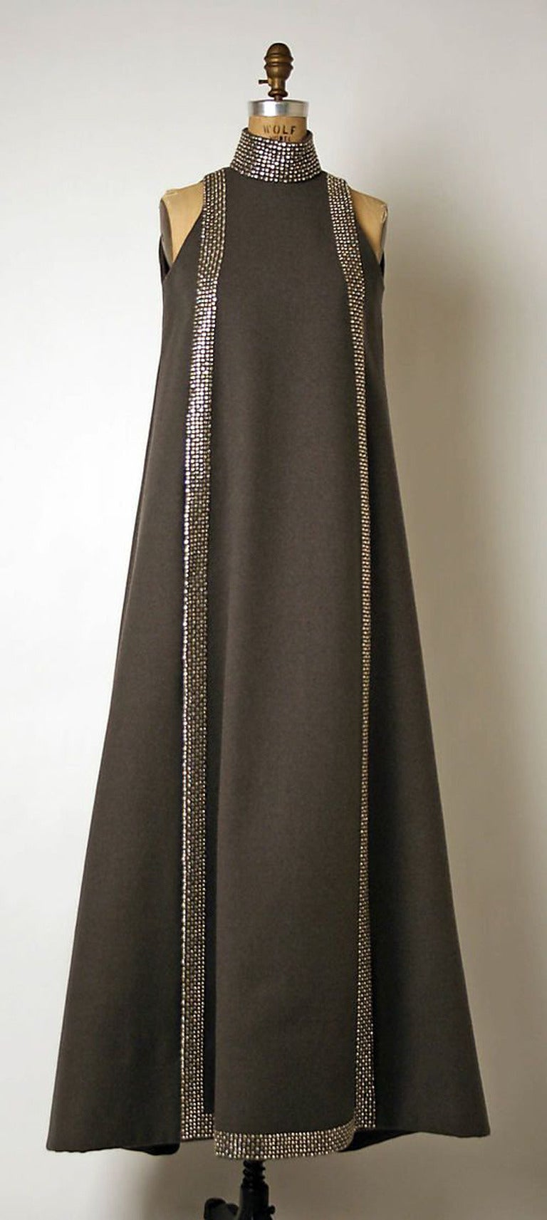 Gray 1960s Geoffrey Beene Museum Grey Sleeveless Wool Dress with Rhinestones Collar