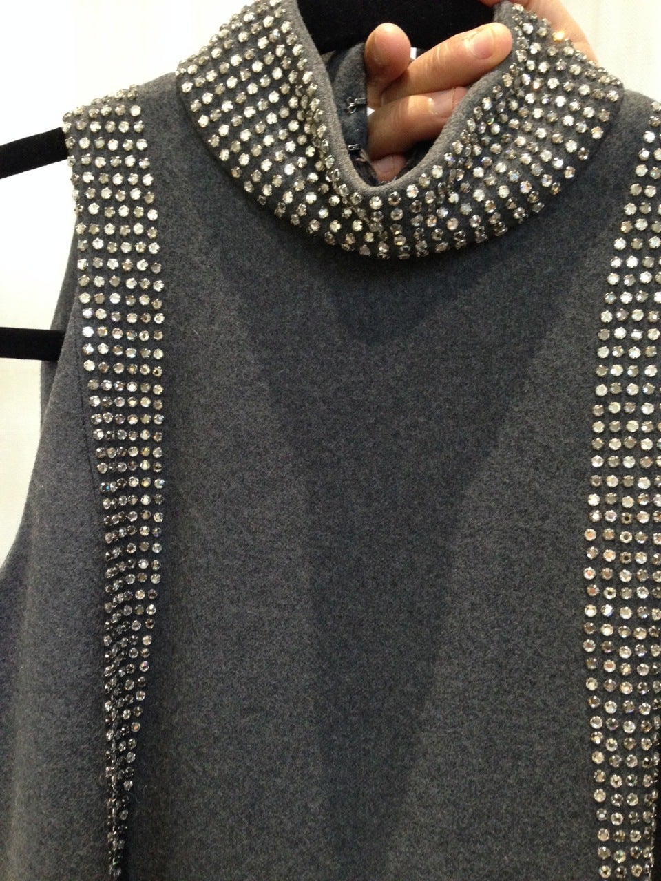 1960s Geoffrey Beene Museum Grey Sleeveless Wool Dress with Rhinestones Collar 1