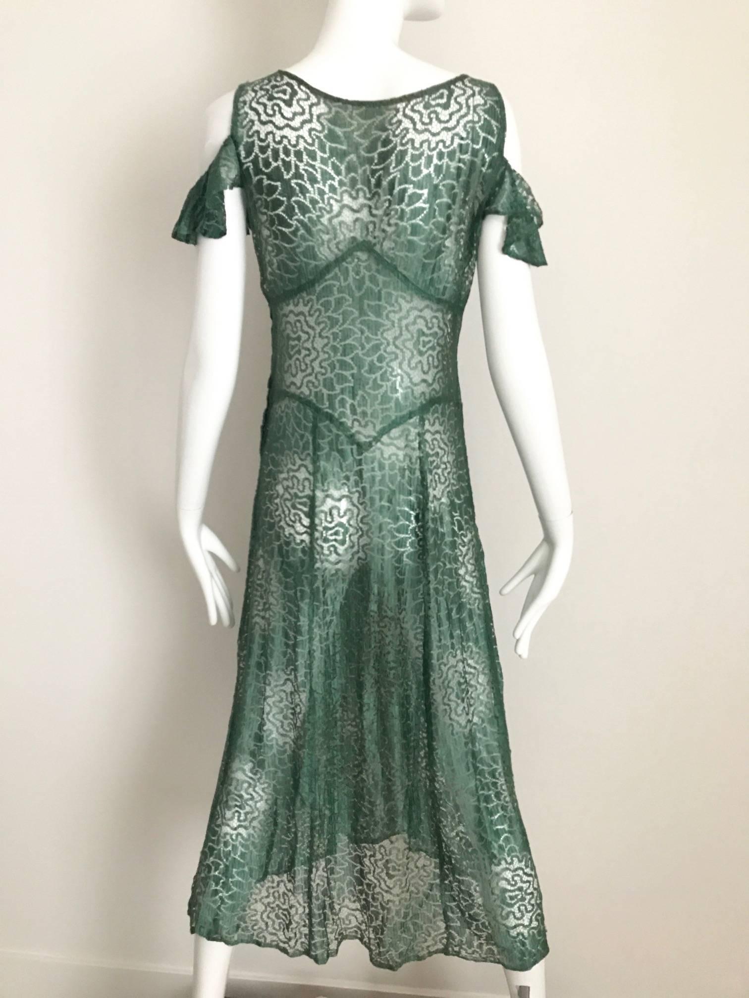 1930s Green Lace Summer Dress In Good Condition For Sale In Beverly Hills, CA