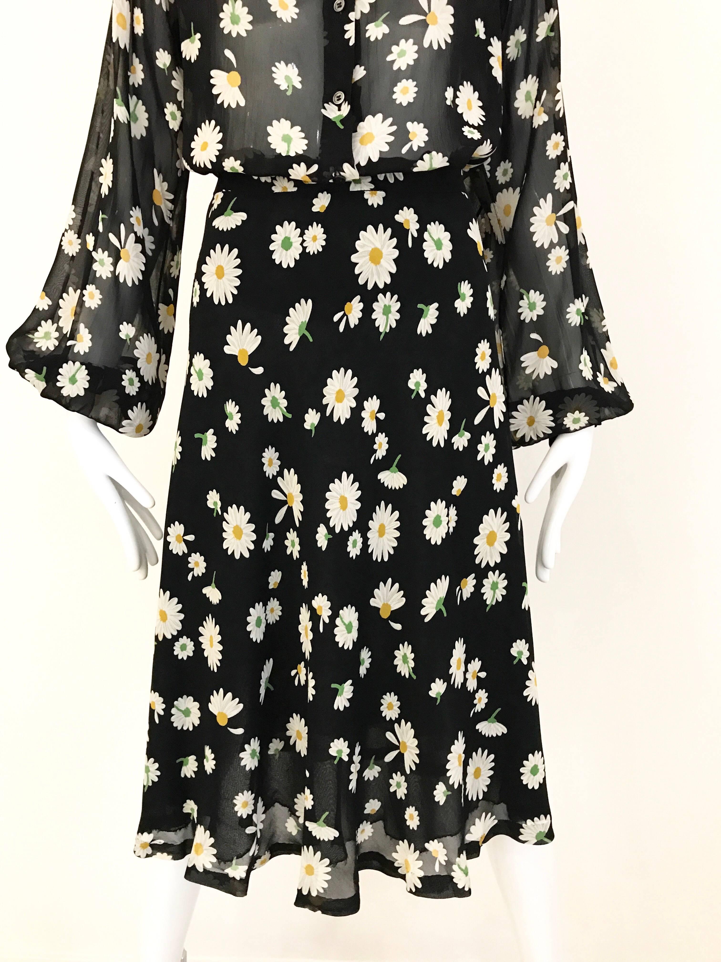 Women's  1970s SAINT LAURENT Black Daisy Print Silk Blouse and Skirt ensemble 