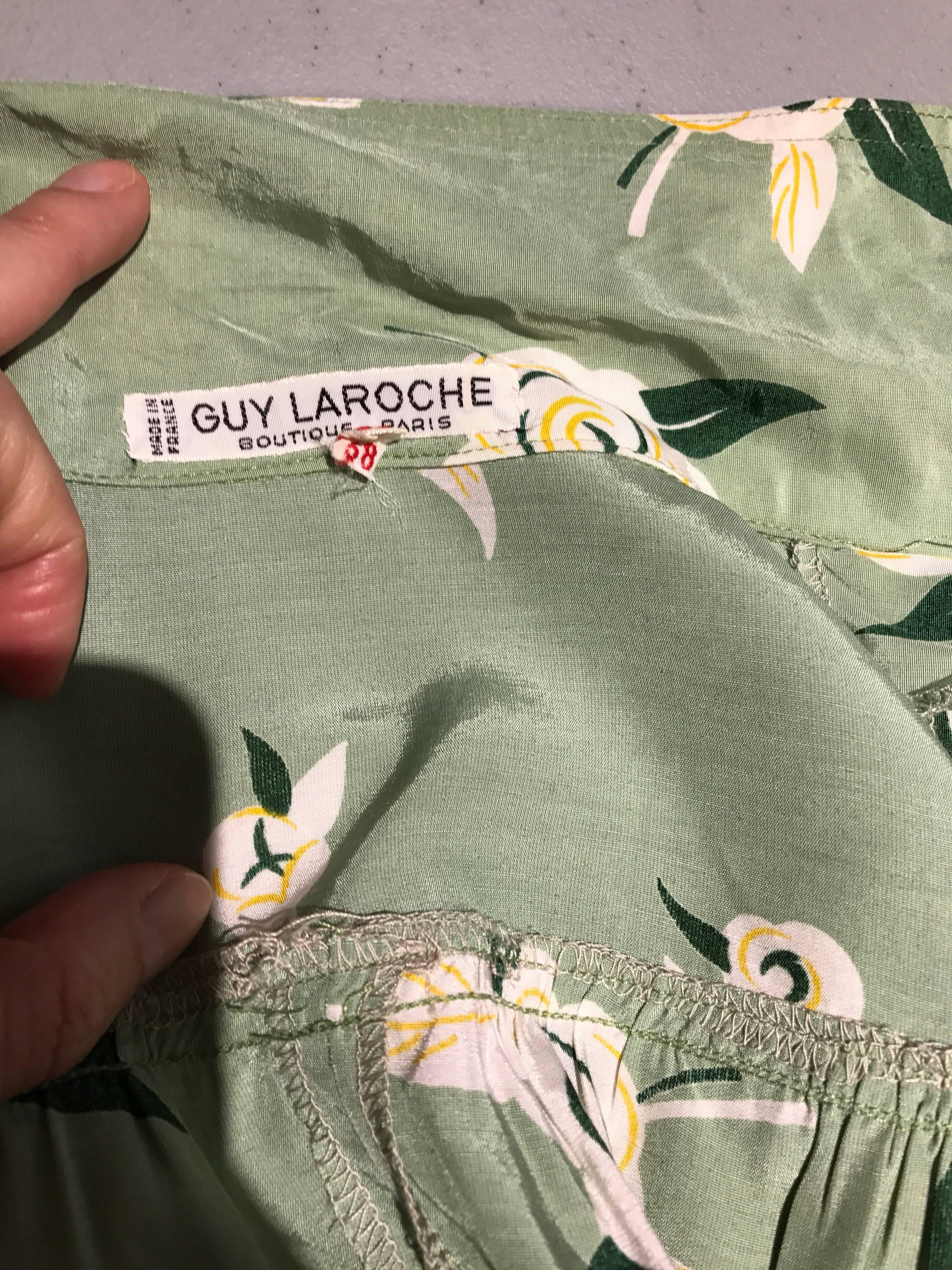 GUY LAROCHE 1970s Floral Print Light Green Rayon Blouse Skirt Ensemble  1