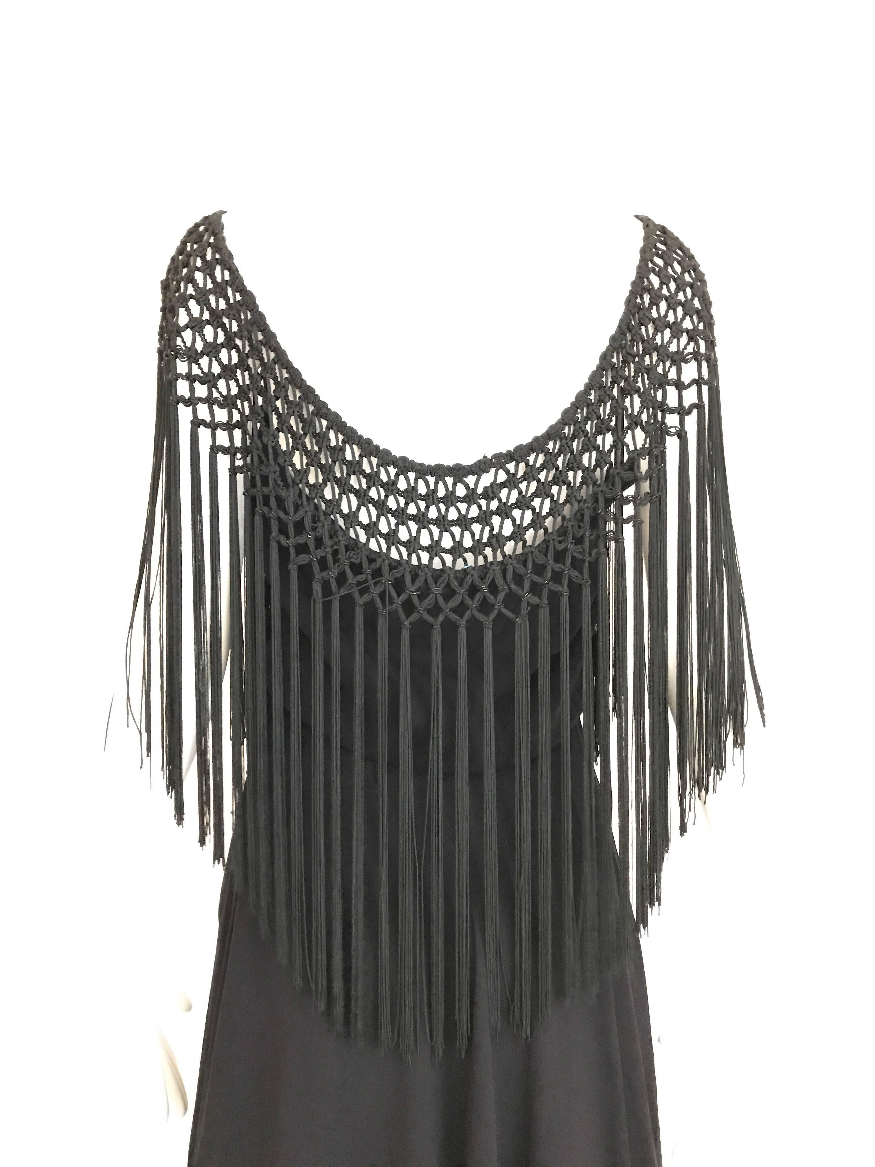  1970s Black Silk Macrame Fringe Cocktail Dress In Excellent Condition For Sale In Beverly Hills, CA