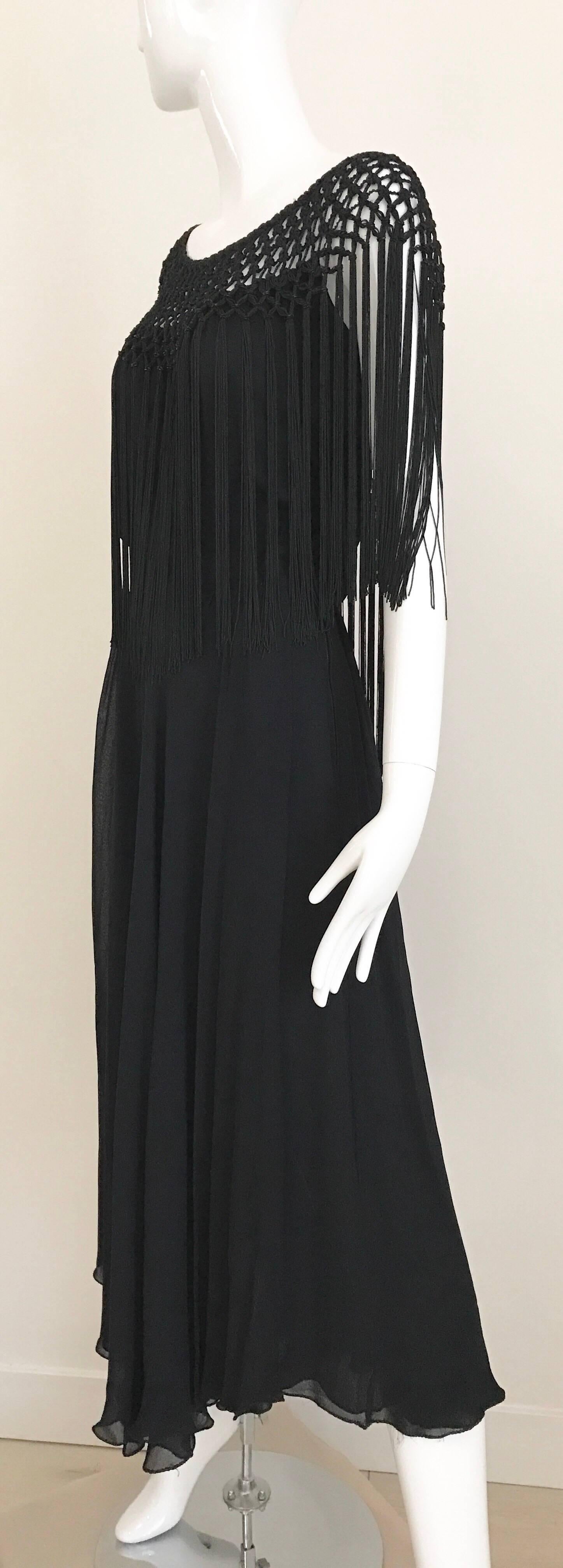 Women's  1970s Black Silk Macrame Fringe Cocktail Dress For Sale
