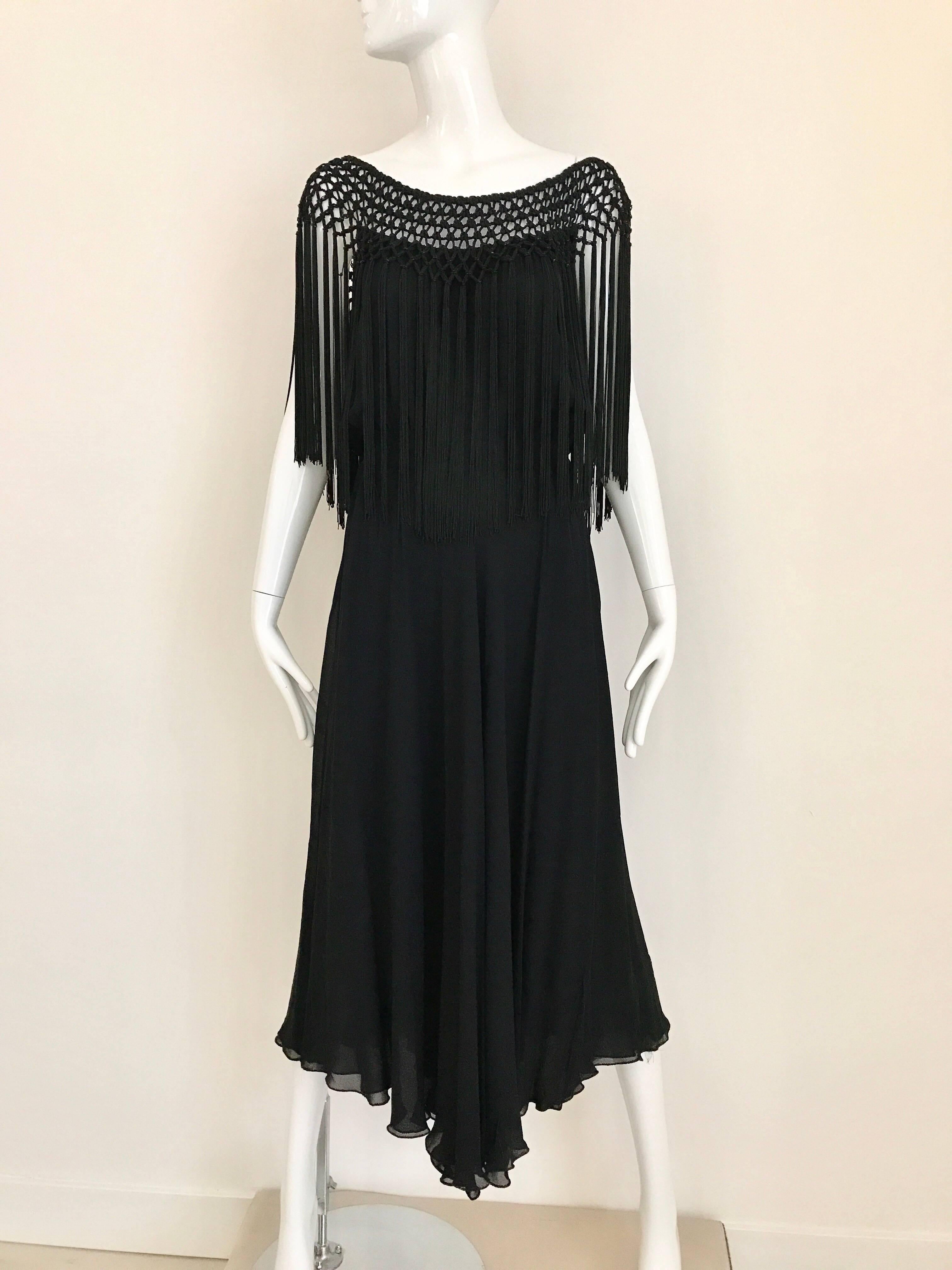  1970s Black Silk Macrame Fringe Cocktail Dress For Sale 2