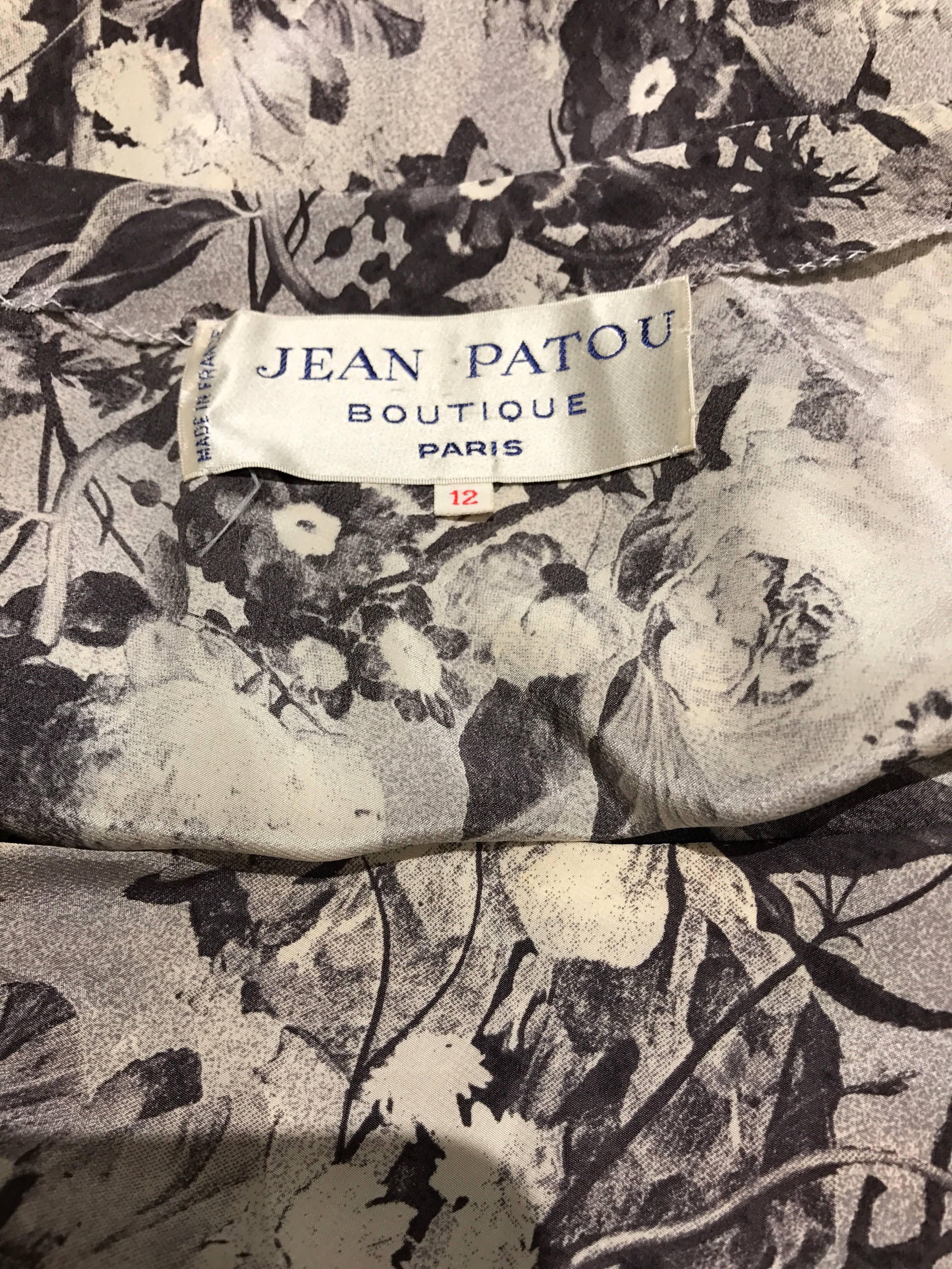 Beige Jean Patou Grey Floral Print One Shoulder Silk Dress, 1970s 