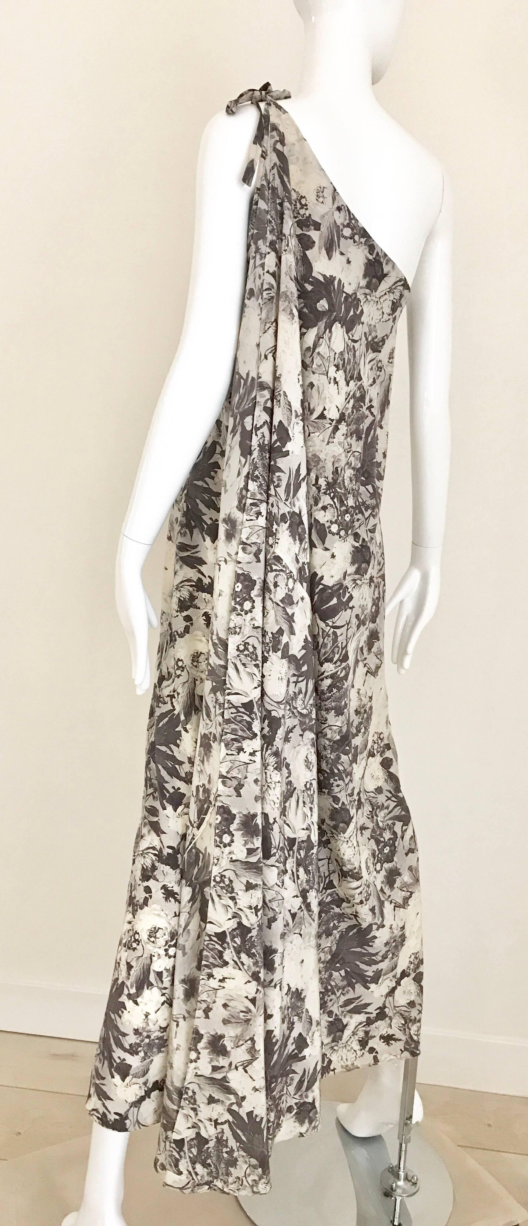 Women's Jean Patou Grey Floral Print One Shoulder Silk Dress, 1970s 