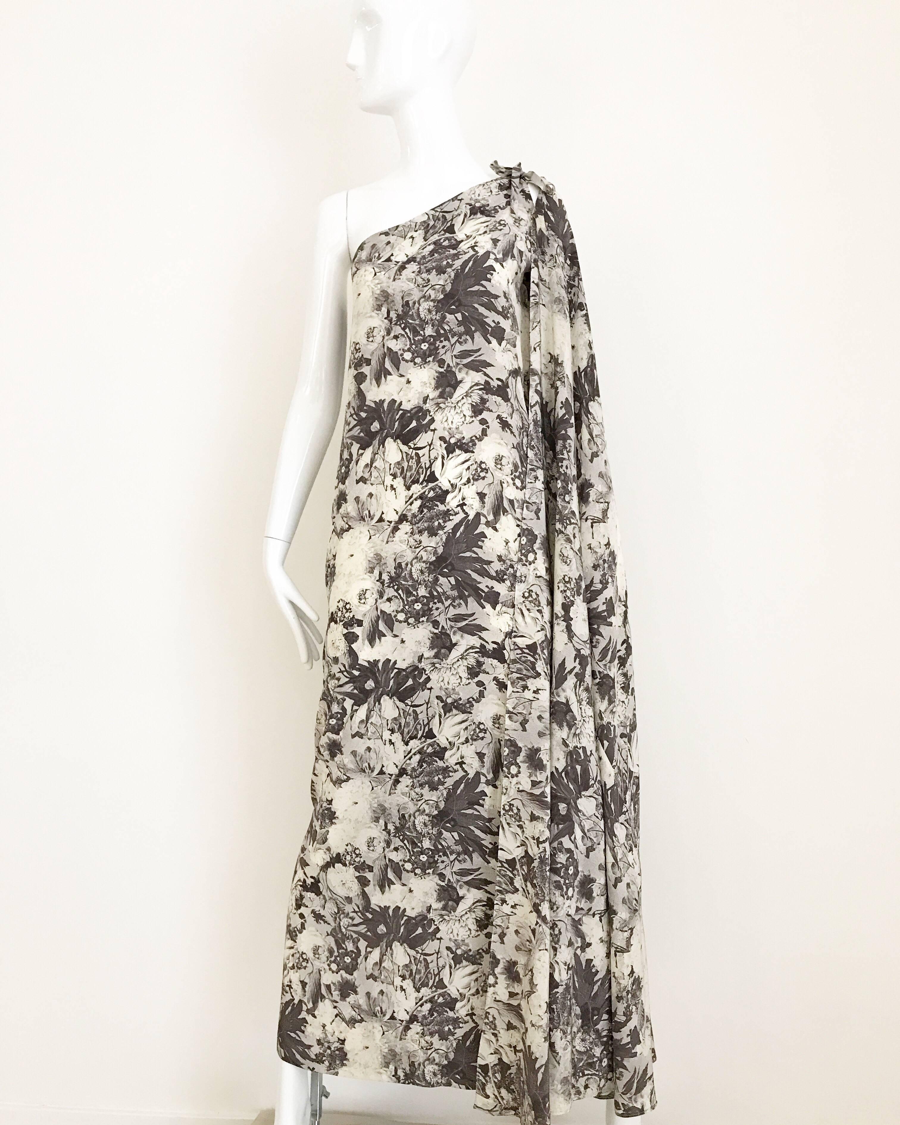 Jean Patou Grey Floral Print One Shoulder Silk Dress, 1970s  2