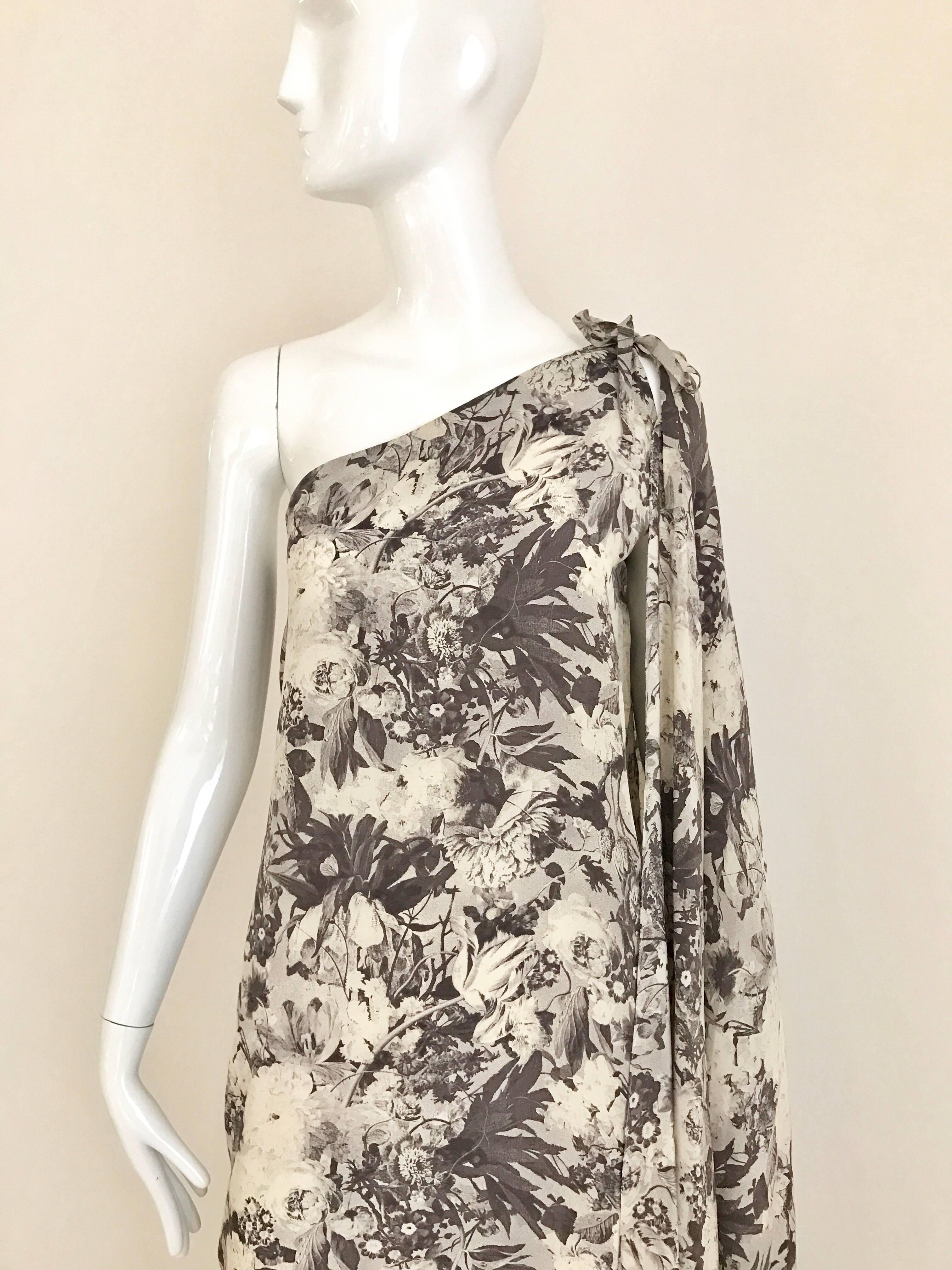 Jean Patou Grey Floral Print One Shoulder Silk Dress, 1970s  3