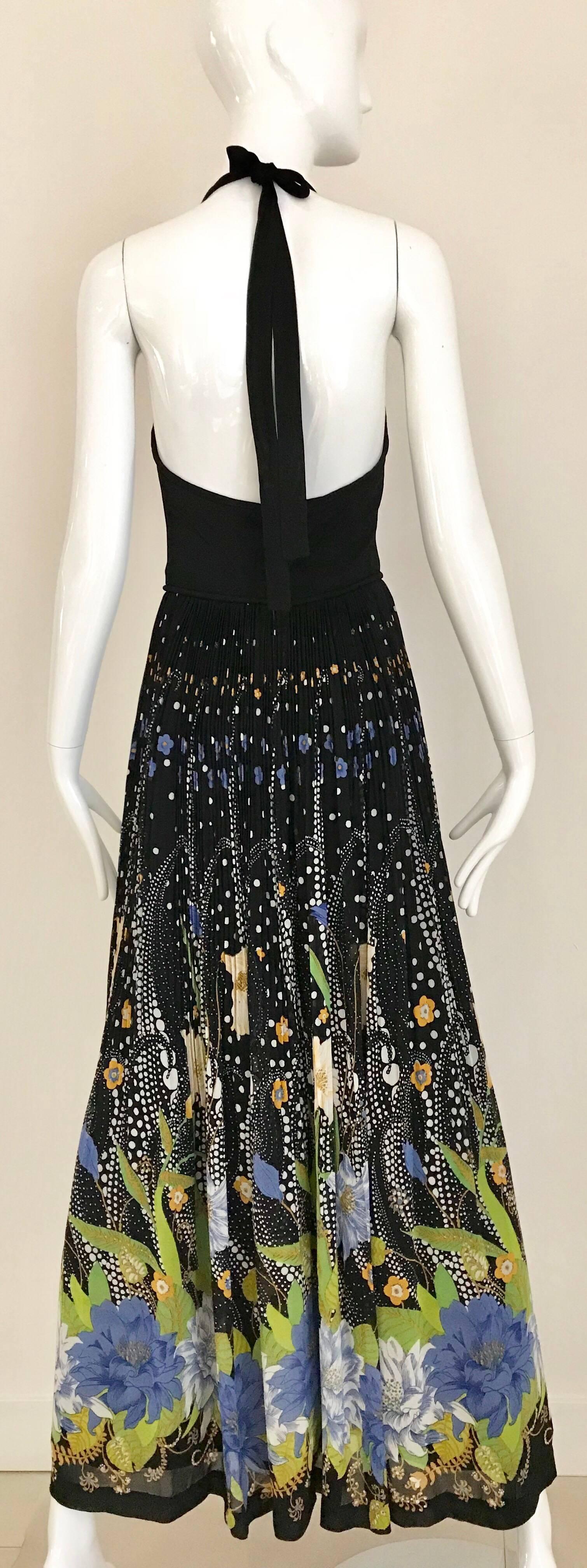1970s Black Halter Floral Print Maxi Dress  3