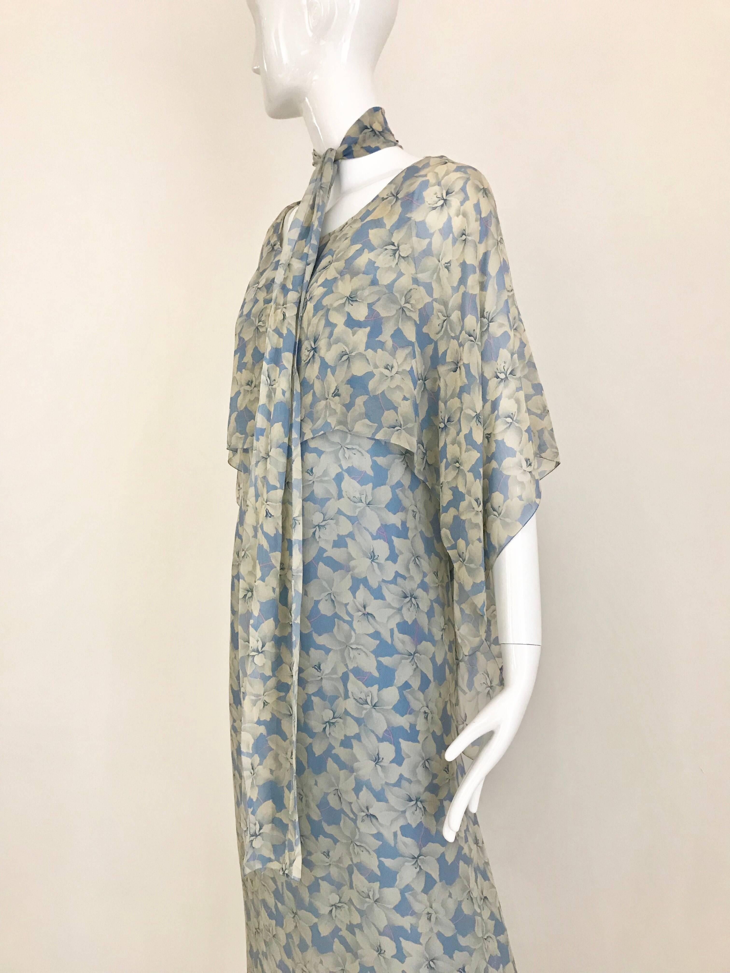 Gray 1970s Christian Dior Blue Floral Silk Print Maxi Dress
