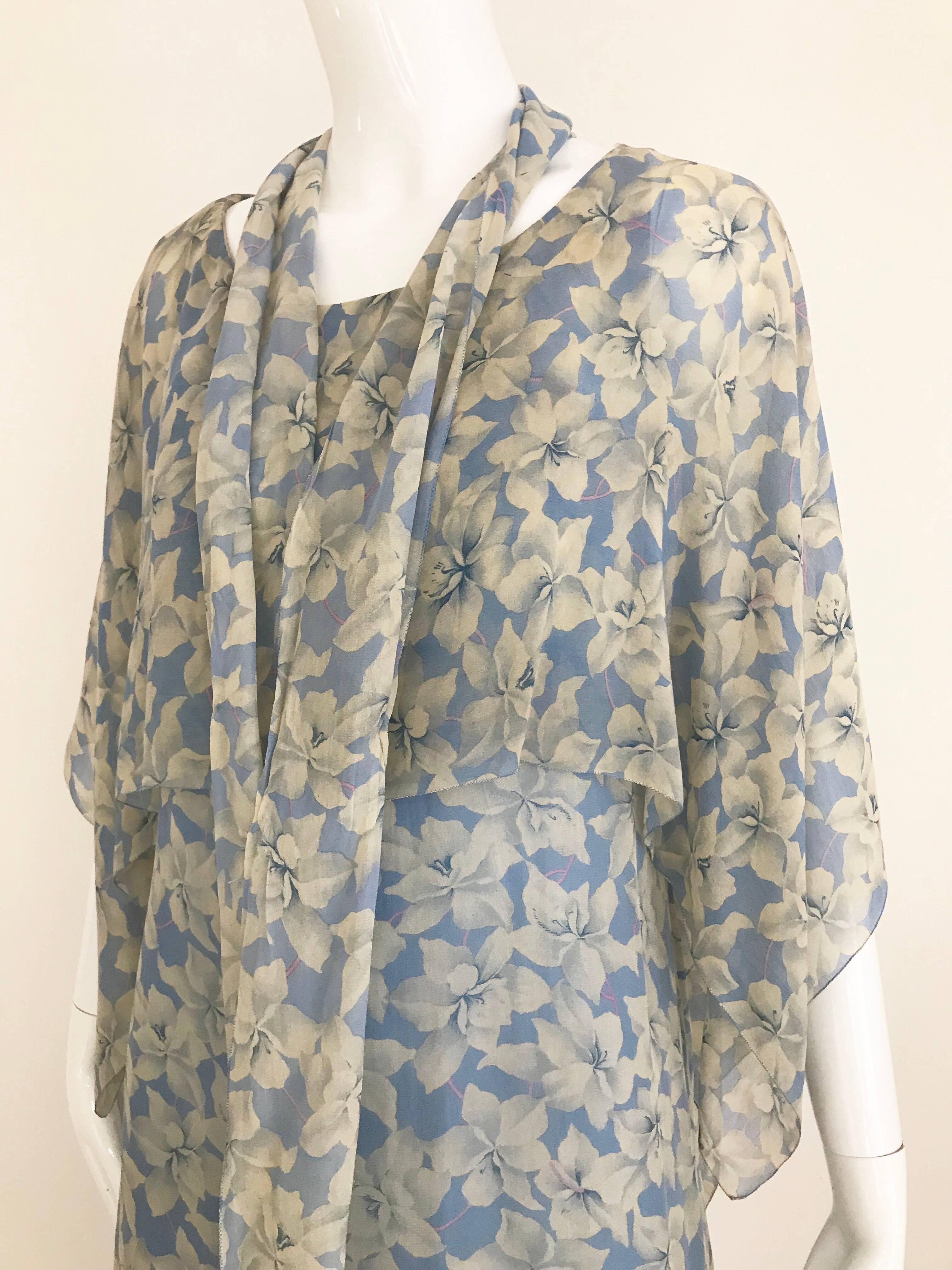 1970s Christian Dior Blue Floral Silk Print Maxi Dress In Excellent Condition In Beverly Hills, CA