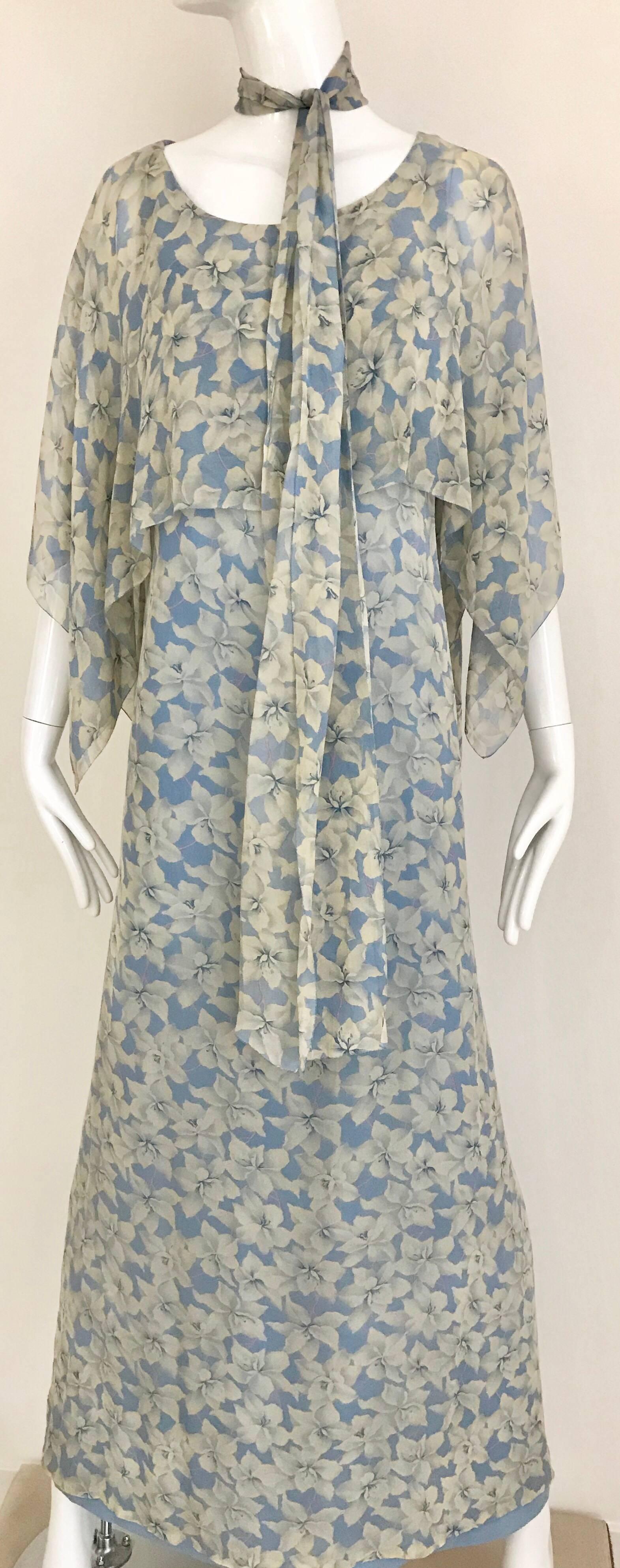 Women's 1970s Christian Dior Blue Floral Silk Print Maxi Dress