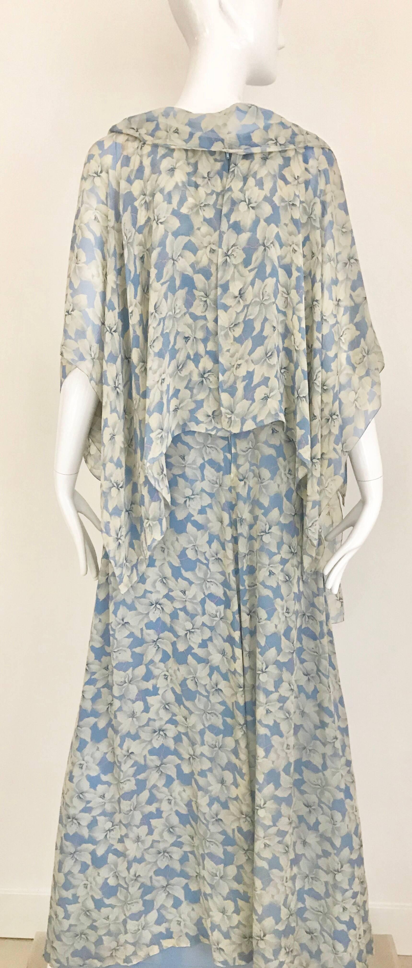 1970s Christian Dior Blue Floral Silk Print Maxi Dress 1