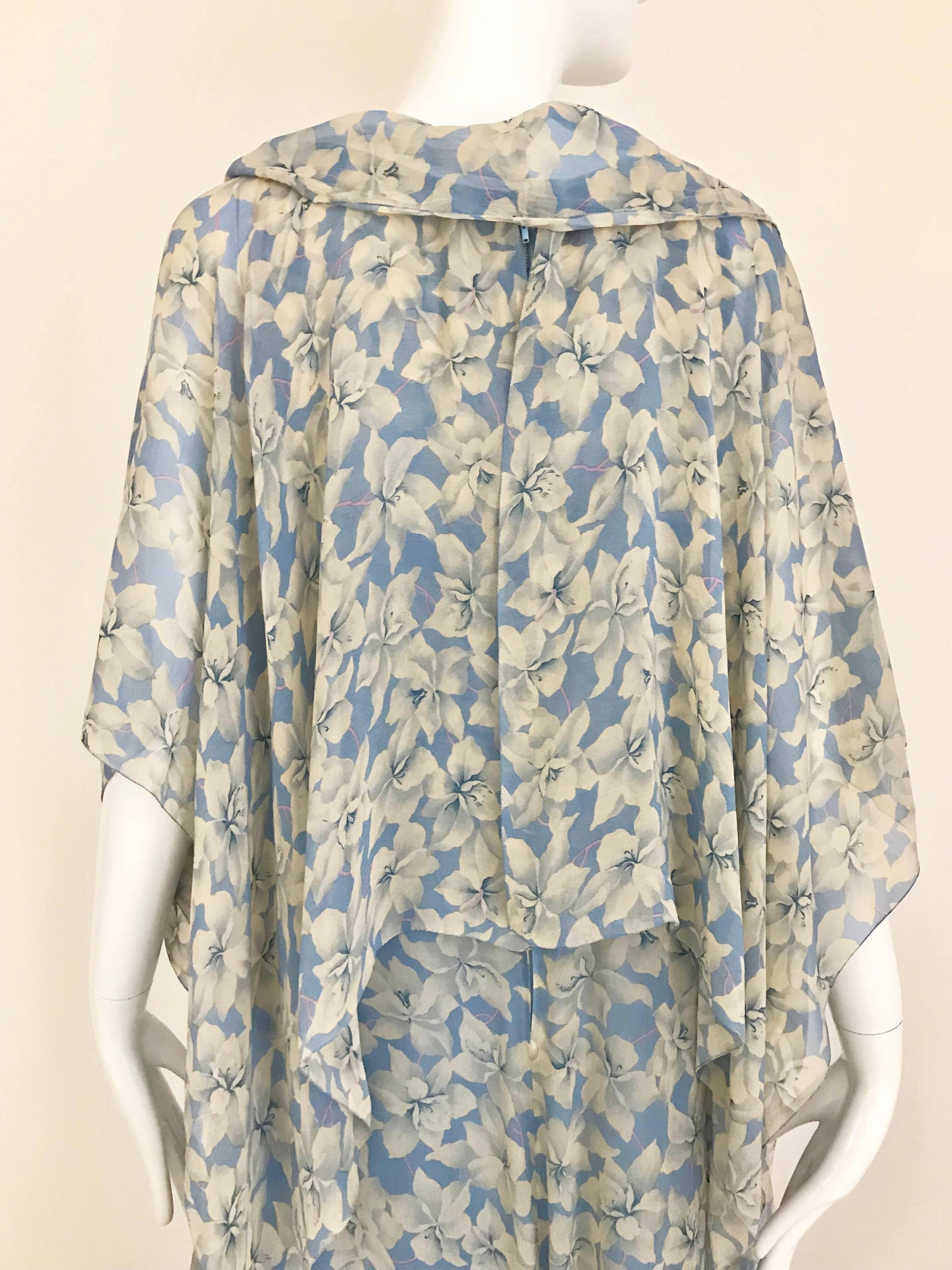 1970s Christian Dior Blue Floral Silk Print Maxi Dress 2