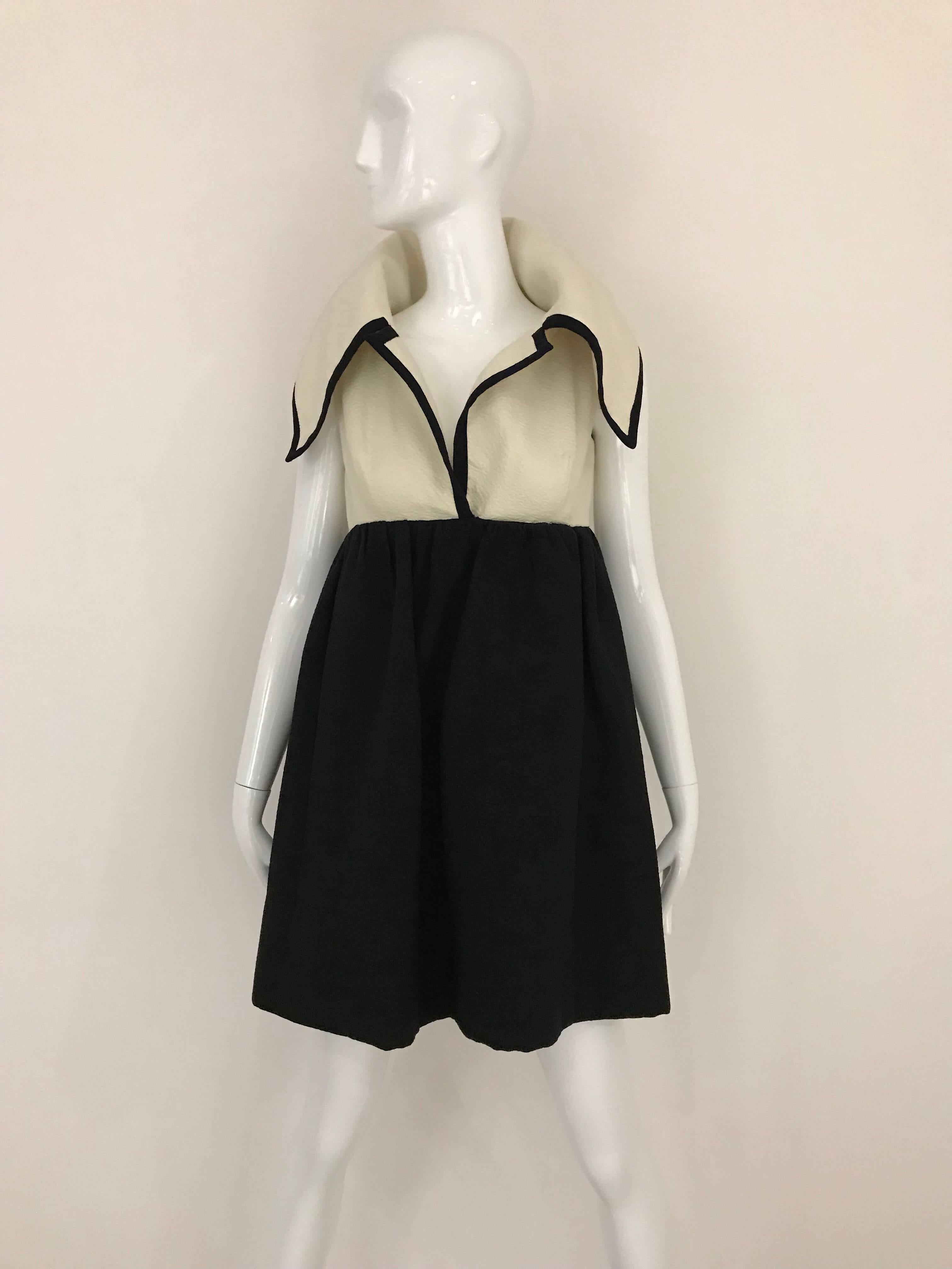 1960s Geoffrey Beene Creme and Black Cotton Mini Dress with Large Collar 3