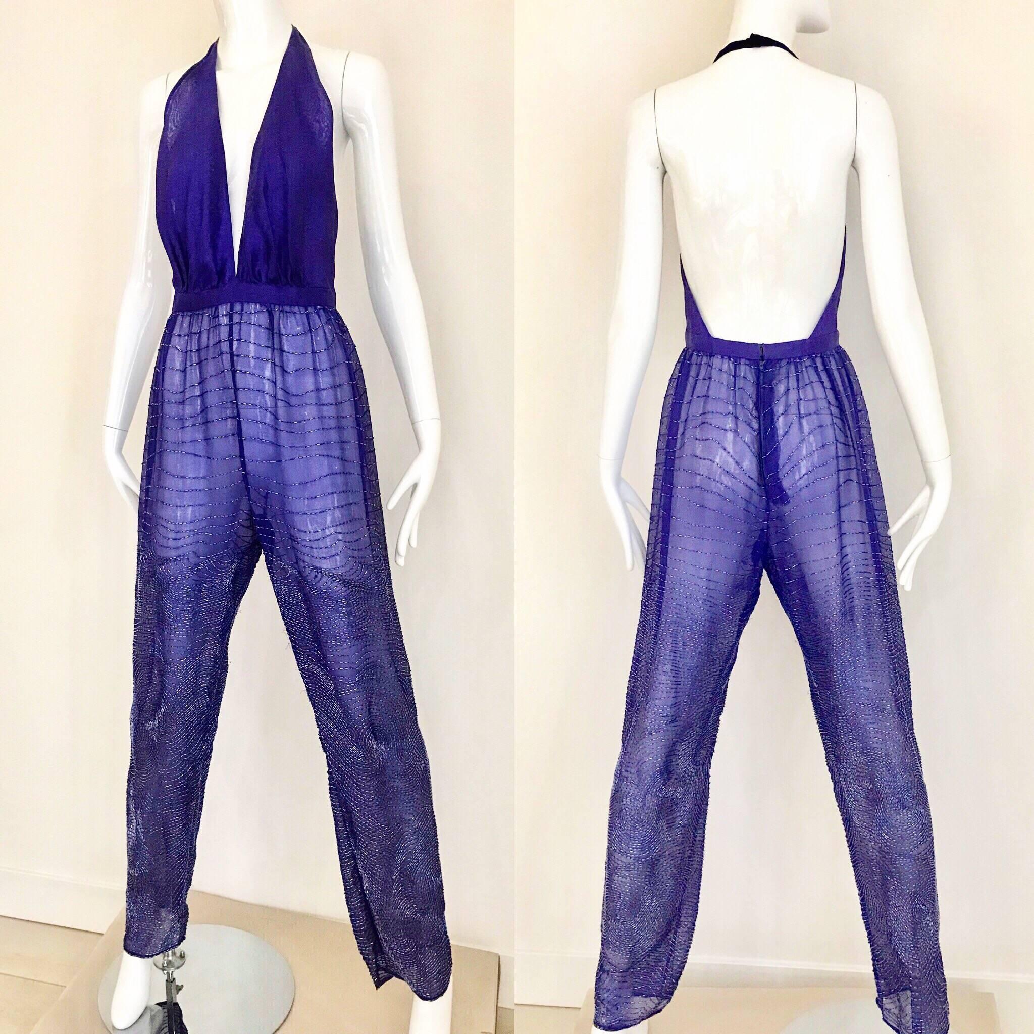 1970s HALSTON Purple V Neck Jumpsuit In Good Condition For Sale In Beverly Hills, CA